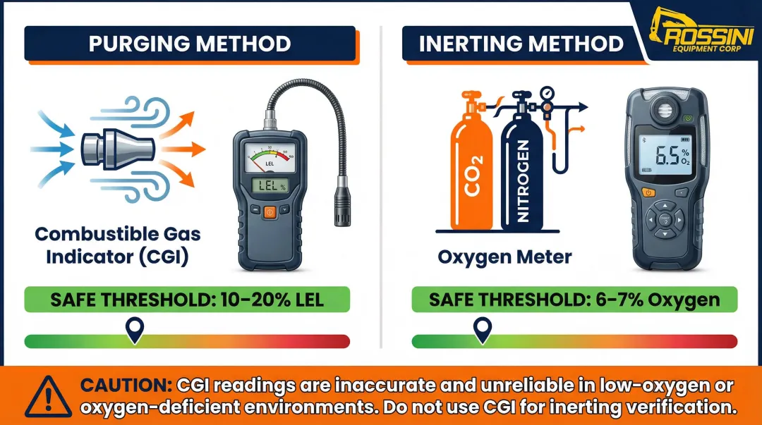Diesel tank vapor monitoring methods comparison CGI versus oxygen meter safe thresholds