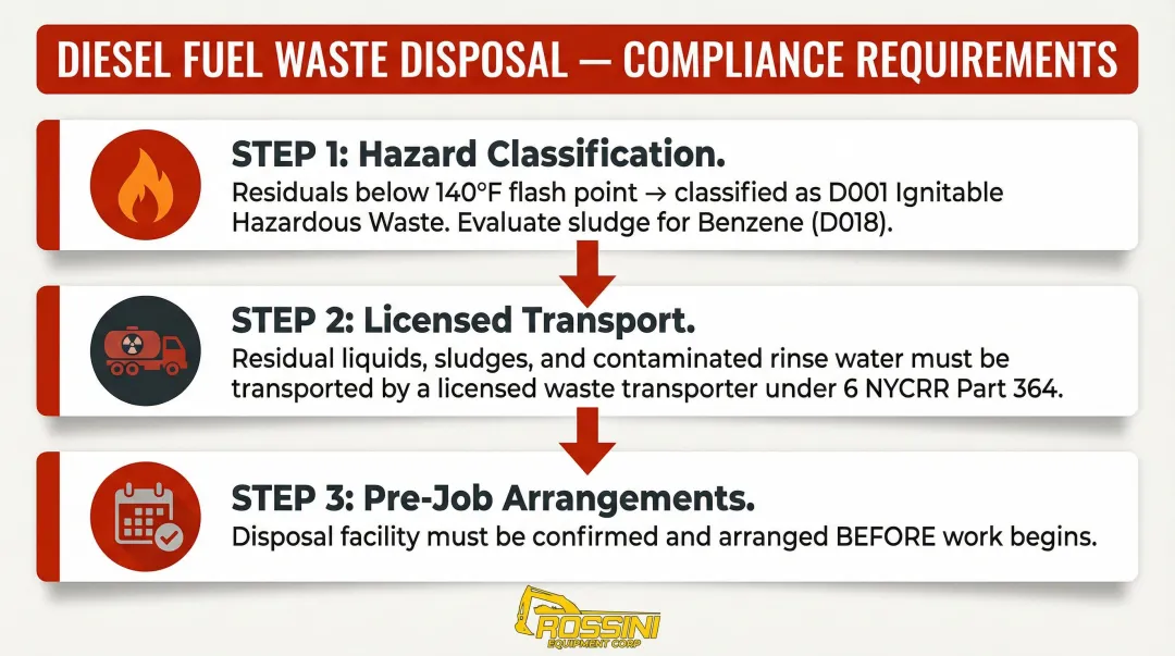 Diesel fuel hazardous waste disposal regulatory requirements three-step compliance checklist infographic