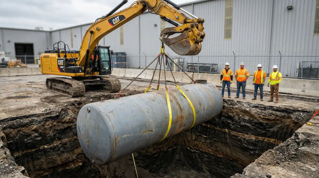 Excavator lifting underground storage tank from excavation site during removal operation