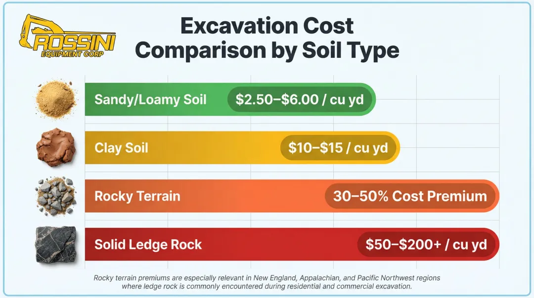 Soil type excavation cost per cubic yard comparison from sandy to solid rock