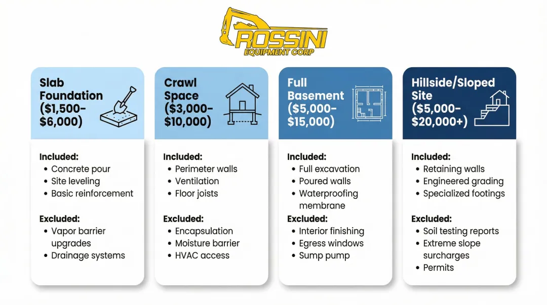 Four foundation types excavation cost comparison chart with inclusions and exclusions