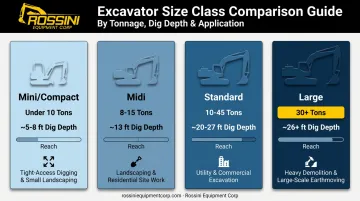 Excavator size class comparison chart showing mini midi standard large specs