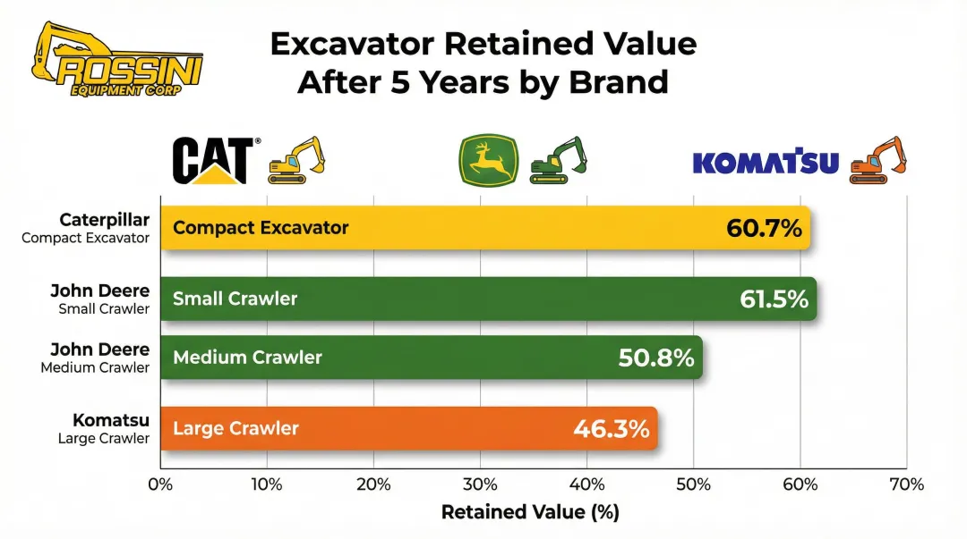 Excavator brand retained value comparison chart Caterpillar John Deere Komatsu after five years