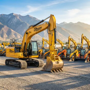 Heavy construction equipment fleet at Rossini Equipment Corp yard in Sullivan County