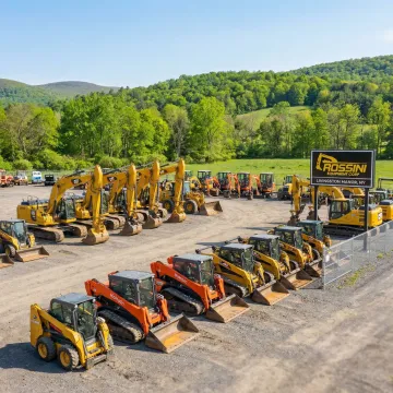 Heavy construction equipment including excavators and skid steers at a rental yard in Livingston Manor, Sullivan County