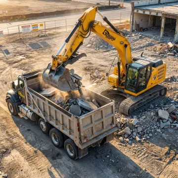 Excavator loading construction debris into dump truck for removal and disposal