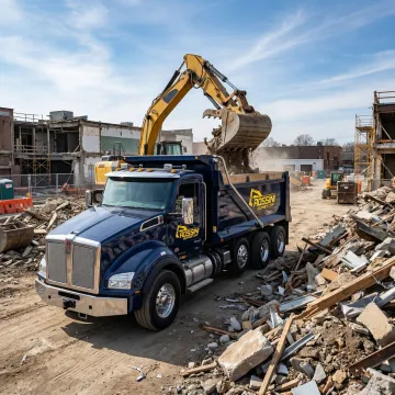Construction debris removal truck loading concrete rubble and waste materials at active job site