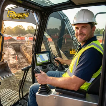 Excavation operator carefully digging foundation trench with GPS-equipped excavator