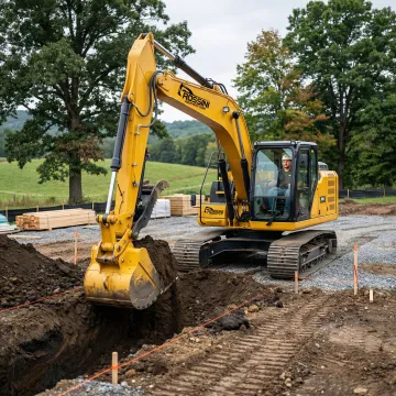 Heavy excavator digging foundation for residential construction in Lancaster, PA