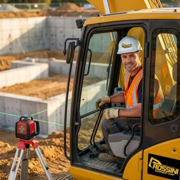 Excavator operator precisely digging foundation with depth measurement tools