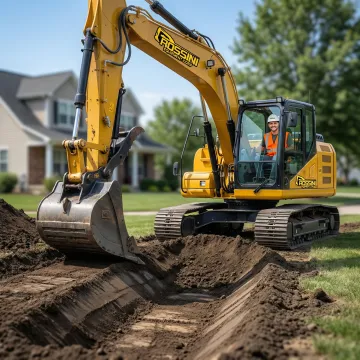 Excavator creating drainage swale with proper slope on property