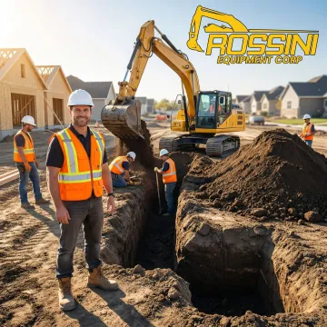 Excavation crew working on residential foundation site with machinery