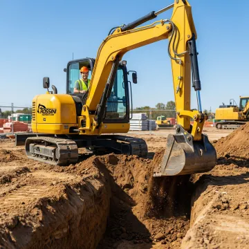 Excavator performing precision foundation excavation work at a construction site