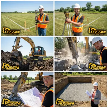 Step-by-step basement excavation showing foundation preparation and equipment operation