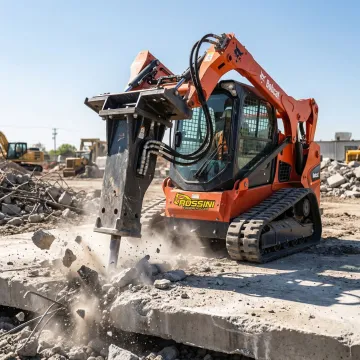 Bobcat track loader with hydraulic breaker attachment working on site