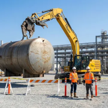 Professional AST tank removal in progress at commercial site