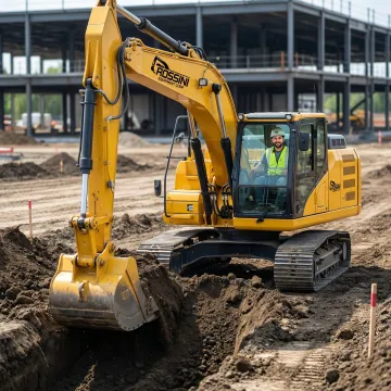 Commercial excavator performing precision site work at a construction site