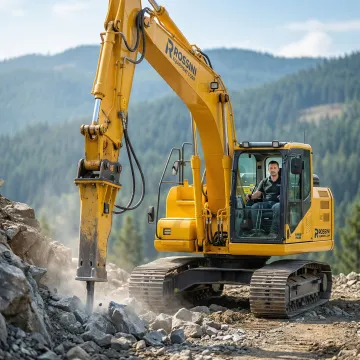 Heavy excavator operating on rocky construction site in Sullivan County with operator in cab