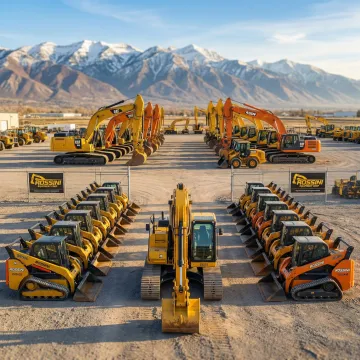 Heavy construction equipment lineup including excavators and skid steers at Rossini Equipment Corp rental yard in Sullivan County