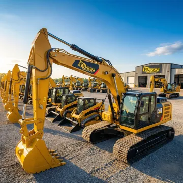 Heavy construction equipment fleet including excavators and skid steers ready for rental