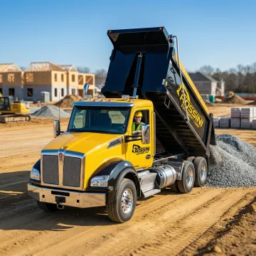 Heavy-duty dump truck delivering gravel for residential driveway project