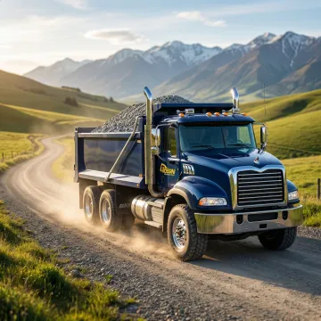 Professional dump truck hauling crushed stone on rural road