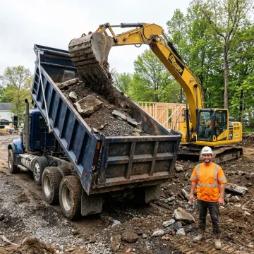 Professional hauling truck removing dirt and debris from construction site