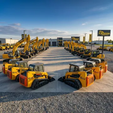 Heavy construction equipment including excavators and skid steers ready for rental