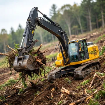 Heavy excavator clearing and grading land for construction site preparation