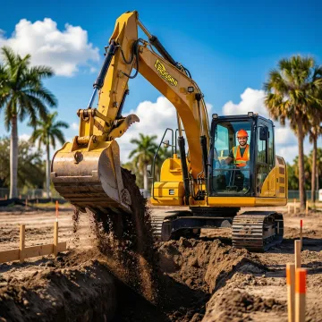 Excavator operating on Tampa construction site with operator
