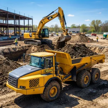 Heavy-duty dump truck hauling dirt and excavated material at a construction site