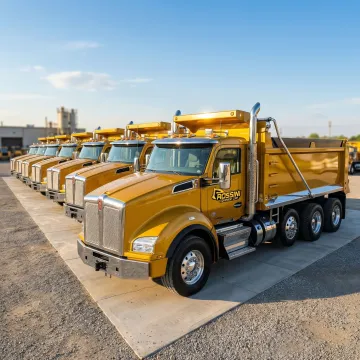 Professional dump truck fleet lined up at Rossini Equipment Corp yard in Monticello