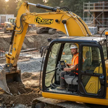 Professional equipment operator working with excavator on active construction site
