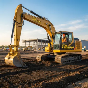 Excavator grading construction site with operator working