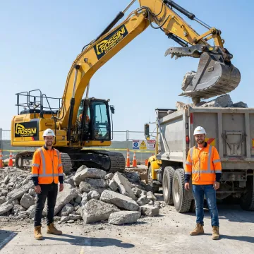 Operator using excavator to break and load concrete debris into dump truck
