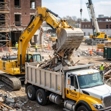 Heavy equipment loading construction debris onto a hauling truck at an active job site