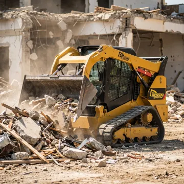 Skid steer loader clearing construction debris and rubble from a building demolition site