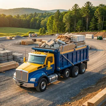 Dump truck loaded with construction debris leaving organized job site