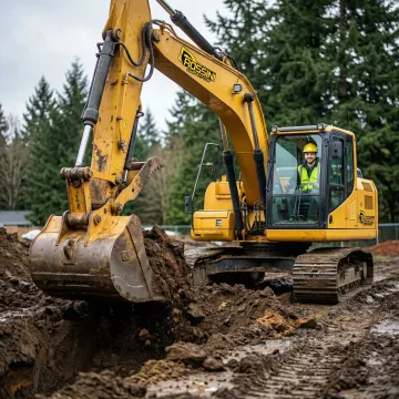 Professional excavation contractor operating modern excavator on Seattle construction site