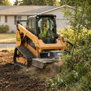 Skid steer with brush cutter clearing overgrown vegetation on residential lot