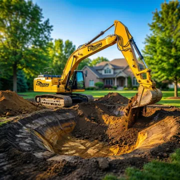 Professional excavator digging and shaping a new pond basin on a residential property