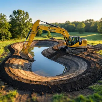 Excavator shaping the contoured edges of a freshly dug pond with rolling landscape in background
