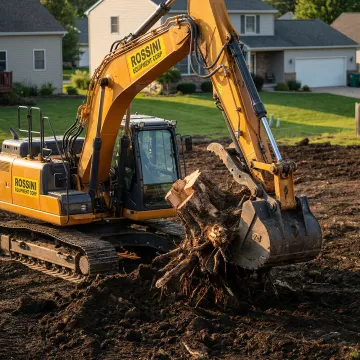 Land clearing operator using excavator to remove stumps and roots from residential property