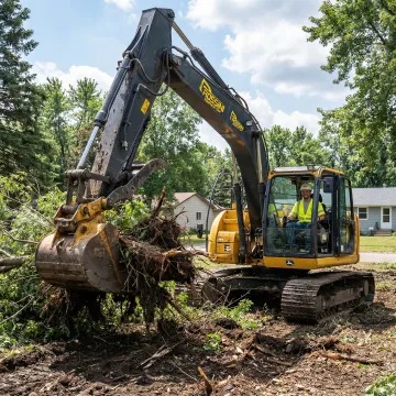 Professional land clearing equipment removing trees and brush on a residential property in St. Cloud, Minnesota