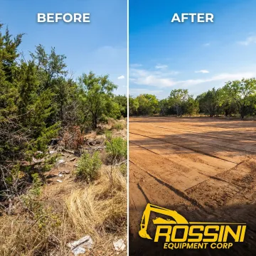 Before and after comparison of residential land clearing in Texas showing cleared building site