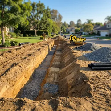 Step-by-step retaining wall site preparation showing excavation and grading work in progress
