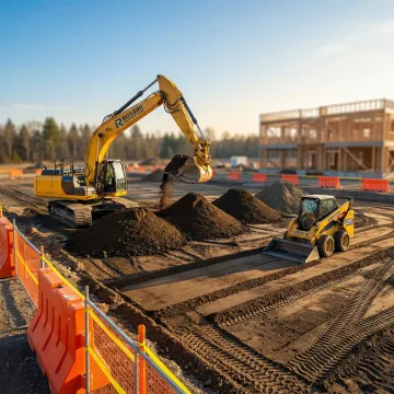Excavation crew working on commercial site preparation with multiple pieces of heavy equipment