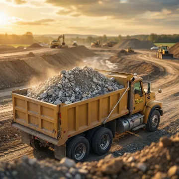 Heavy dump truck hauling rock and aggregate materials on construction site