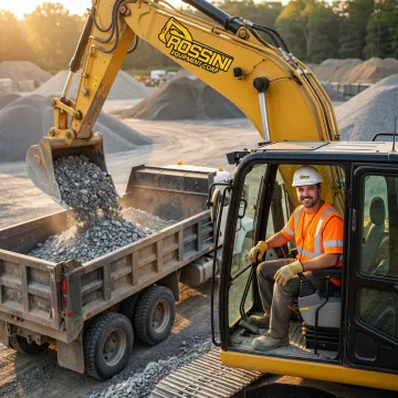 Experienced operator loading bulk rock material into heavy-duty dump truck