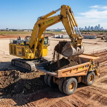Excavator loading soil into dump truck at construction site